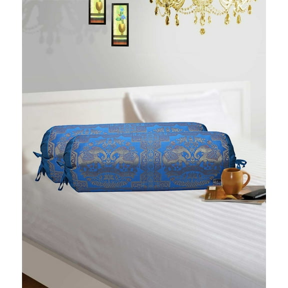 Stylo Culture Ethnic Cylindrical Bolster Pillow Covers Elephant Polydupion For Living Room Turquoise Gold Brocade Silk Jacquard Neck Roll Tubular Banarsi Bolster Cases | (Set of 2) | 30x15 Inches
