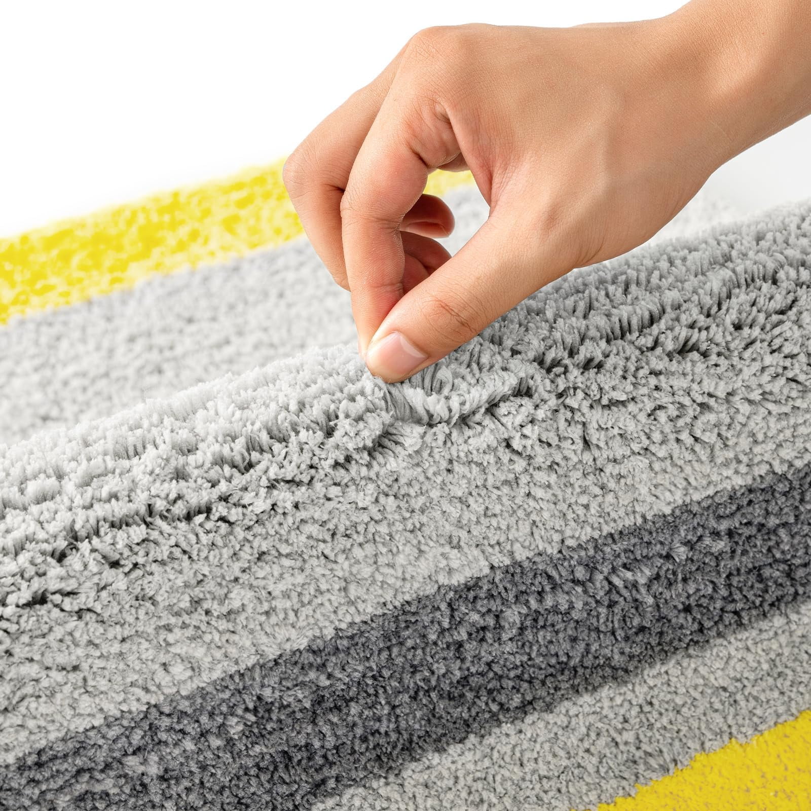 qtess Fluffy Bathroom Rugs Bath Mats Rugs Microfiber Striped Shower Rug Absorbent, Soft and Plush Machine Washable Non Slip Carpet Quick Dry for Bathroom Floor Tub, 16x24 Inch, Yellow-Grey
