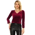 thumbnail image 1 of Blusa de terciopelo de manga larga con decoración de botones y cuello en V para mujer Vino rojo M, 1 of 5