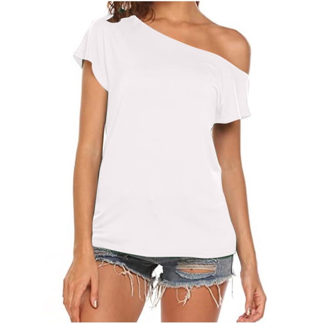 Camiseta de manga corta con hombros descubiertos para mujer: blusa informal de verano, 95 % mezcla de poliéster, lavable a máquina, tallas S-XXL