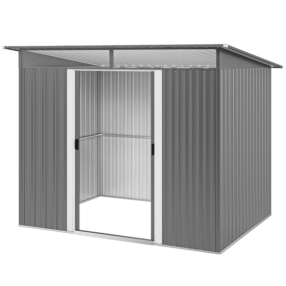 9' x 6.5' Outdoor Galvanized Steel Garden Shed, Large Metal Storage House with Double Sliding Doors and Skylight for Backyard Tools and Pool Supplies, Light Grey