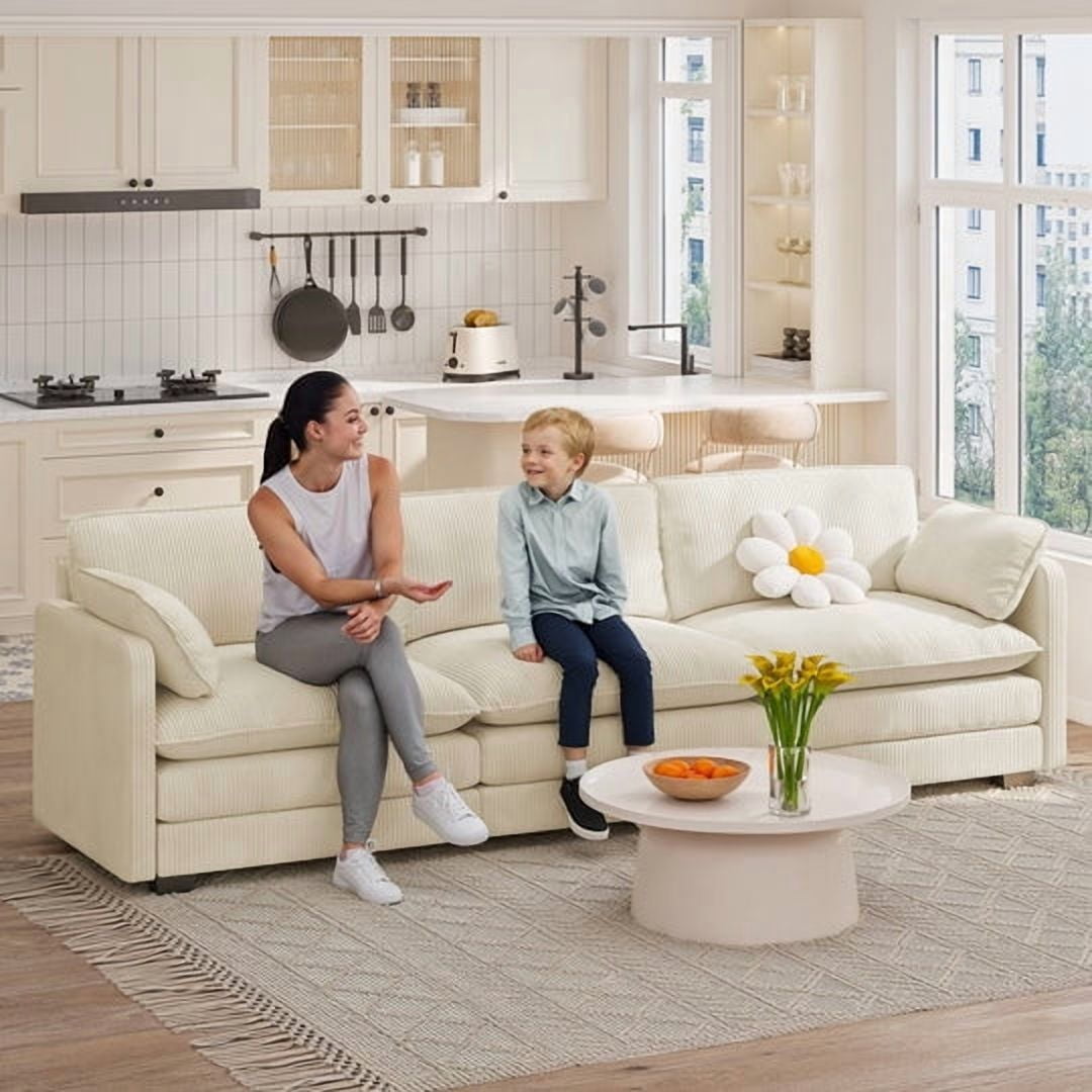 Aiho 110" Couches for Living Room, Corduroy Fluffy Sofa Couch, Comfy Sectional Sofa for Living Room, Apartment, Studio, Office - Beige
