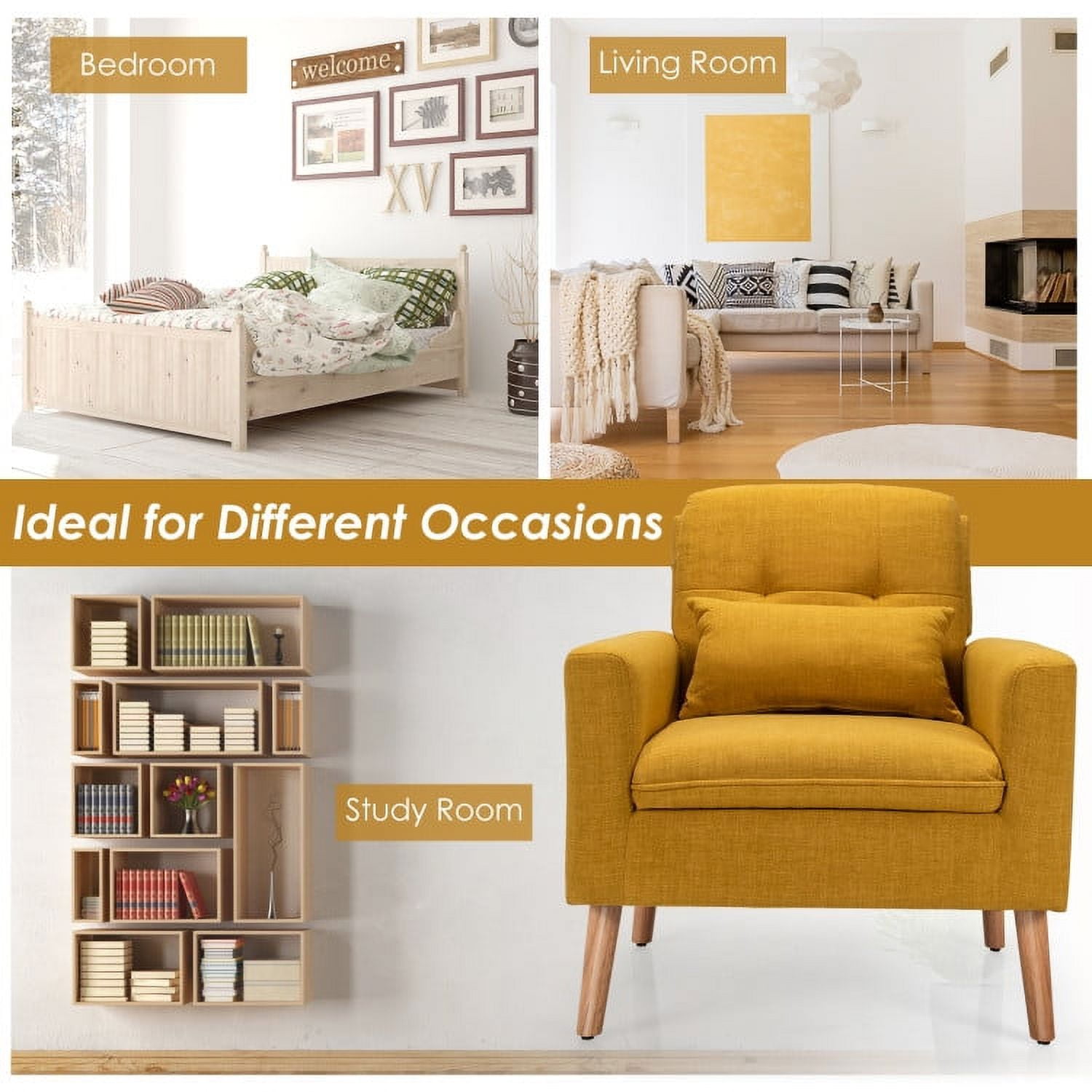 Finihen Upholstered Accent Chair, Modern Comfy Armchair Single Sofa, Linen Fabric Single Sofa Armchair with Waist Pillow, for Living Room, Bedroom, Yellow