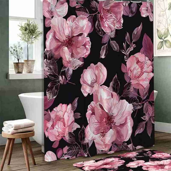 70x70 inch Black and Pink Watercolor Peony Floral Shower Curtain, Waterproof Polyester Fabric with hooks for Bathroom Decor