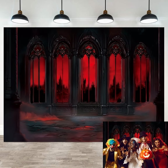 7x5FT Halloween Vintage Gothic Castle Backdrop Red Medieval Hall Photography Background for Halloween Haunted House Party Decorations Photo Props Vinyl