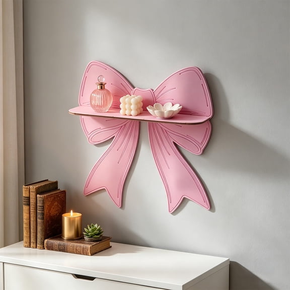 Bow Shaped Floating Shelf, Wall Mounted Pink Crystal Wooden Display Rack, Bohemian Bedroom Organizer for Collectibles, Cute Vanity Shelf for Perfume & Trinkets