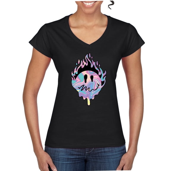 Wild Bobby Trippy Happy Face Women Standard V-Neck Tee