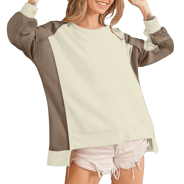 aidice Womens Tops Casual Round Neck Long Sleeve Loose Shirts High Low Hem Color Block Pullover Tops