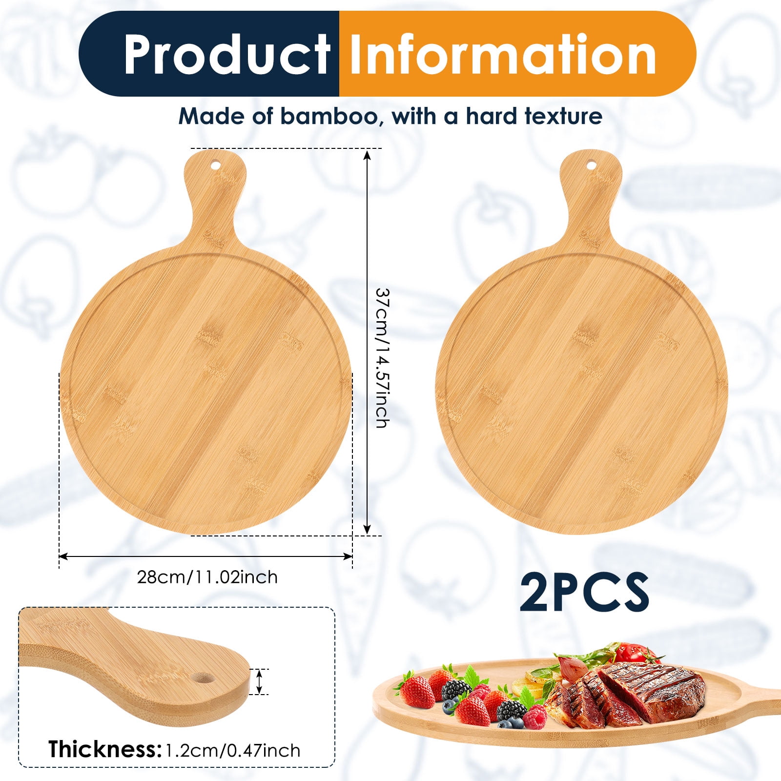 2Pcs Pizza Board with Handle Bamboo Round Cutting Board for Kitchen Pizza&nbsp;Cheese Baking Bread&nbsp;Steak Fruit Dinner Serving Tray for Daily Gathering Wedding Baby Shower