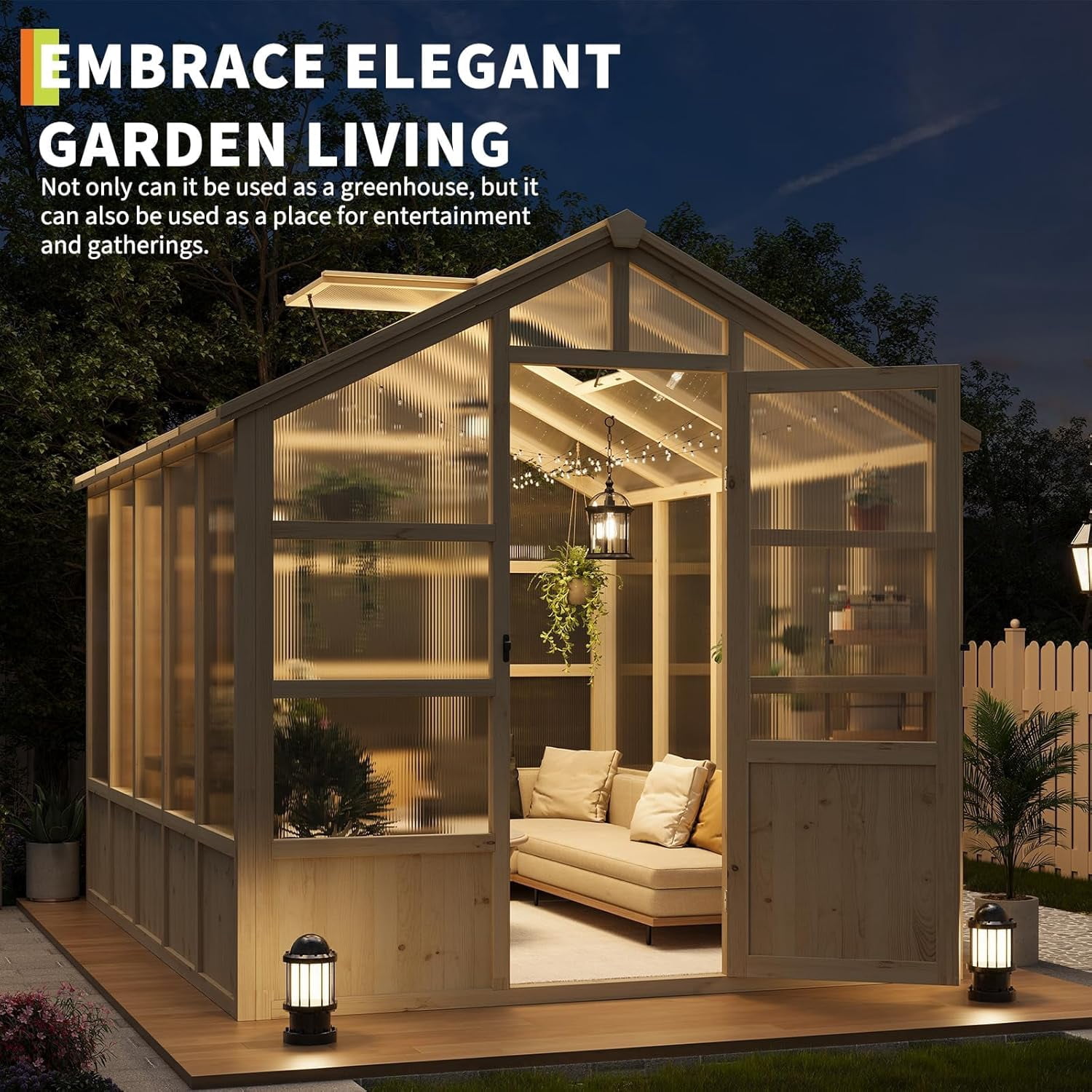 Large Outdoor Greenhouse, Heavy Duty Wooden Hothouse with Polycarbonate Panels & Lockable Door - Sturdy Wood Frame Garden Conservatory with Adjustable Roof Vent, for Yard, Gardening