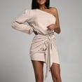 thumbnail image 2 of Uaswgudfs ​One-Shoulder Long Sleeve Formal & Casual Dress for Women​ - Asymmetrical Fitted Silky Dress with Tied Sash Waist, Summer Midi Dress for Evening Events & Parties Beige L, 2 of 9