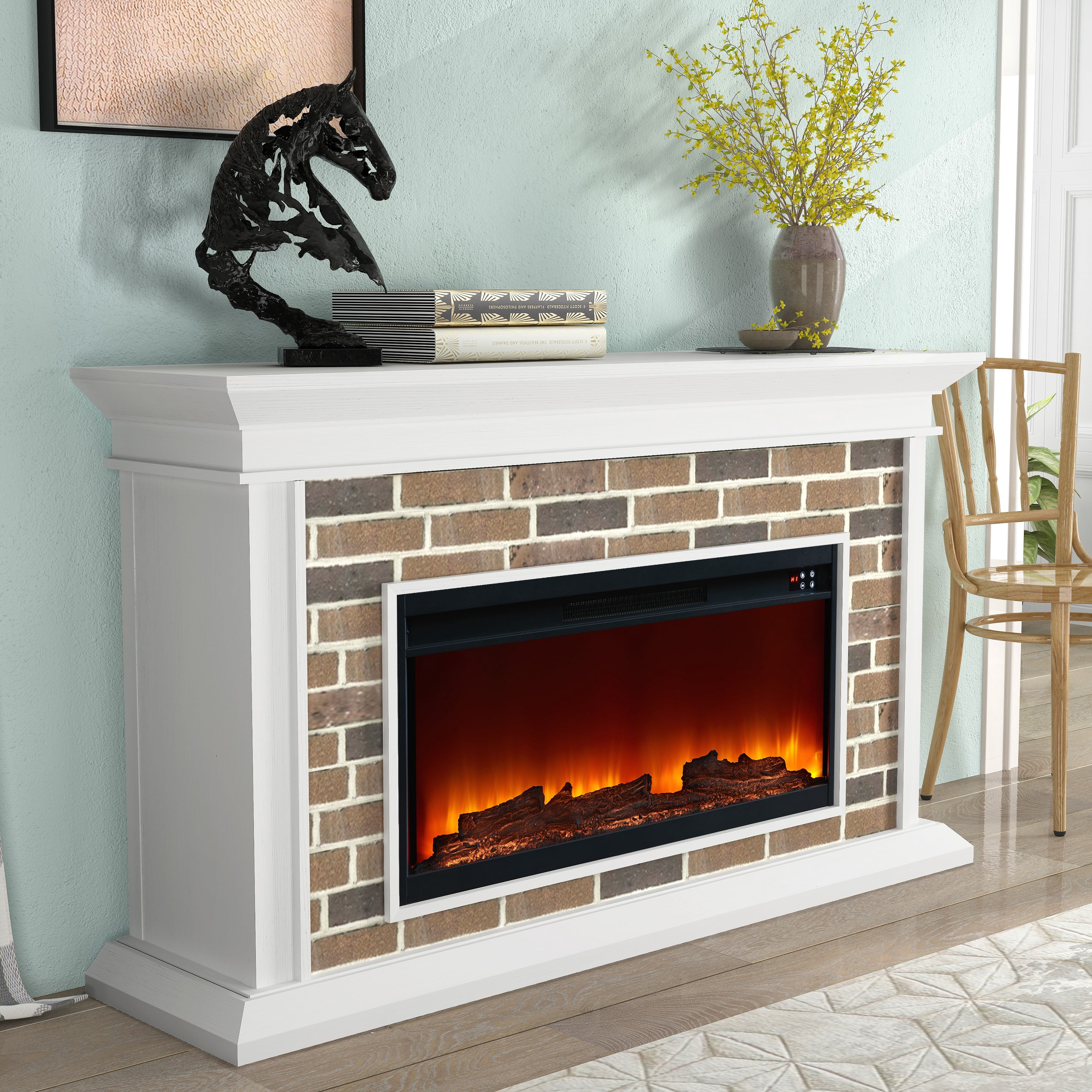 FESTIVO 60" Freestanding Electric Fireplace with Faux Brick Mantle - White