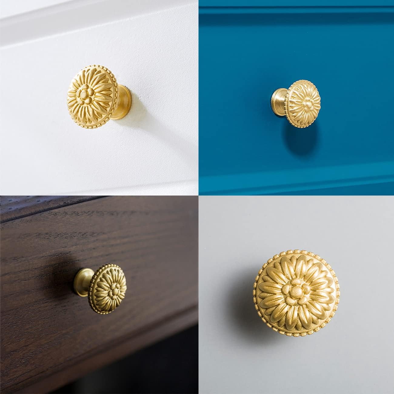 ABCISI Brass Cabinet Round Flower Knobs, 4 Pack Gold Euro Style Cabinet Knob Dresser Drawer Modern Dresser Drawer Knobs, Vintage Decorative Brass Cabinet Knobs