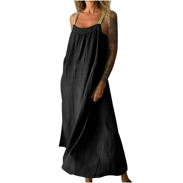 Aobny Women Dresses Casual Linen Black Cotton Shift Crew Neck Sleeveless Plus Size Midi Dresses for Women Aobny Women Dresses Casual Linen Black Cotton Shift Crew Neck Sleeveless Plus Size Midi Dresses for Women