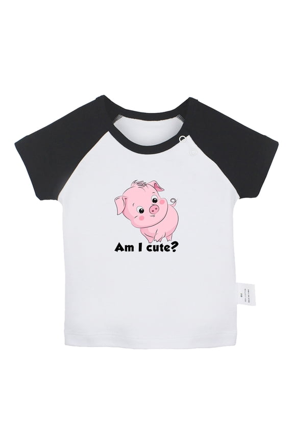 Am I Cute Funny T shirt For Baby, Newborn Babies Animal Pig T-shirts, Infant Tops, 0-24M Kids Graphic Tees Clothing (Short Black Raglan T-shirt, 6-12 Months)