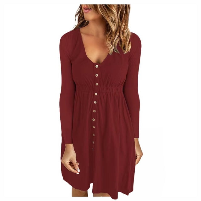 Vestidos Para Mujer Vestidos de Otoño Casual Otoño Sólido Erógeno Cuello en U Botones Manga Larga Cintura Vestido Odeerbi ODB132559