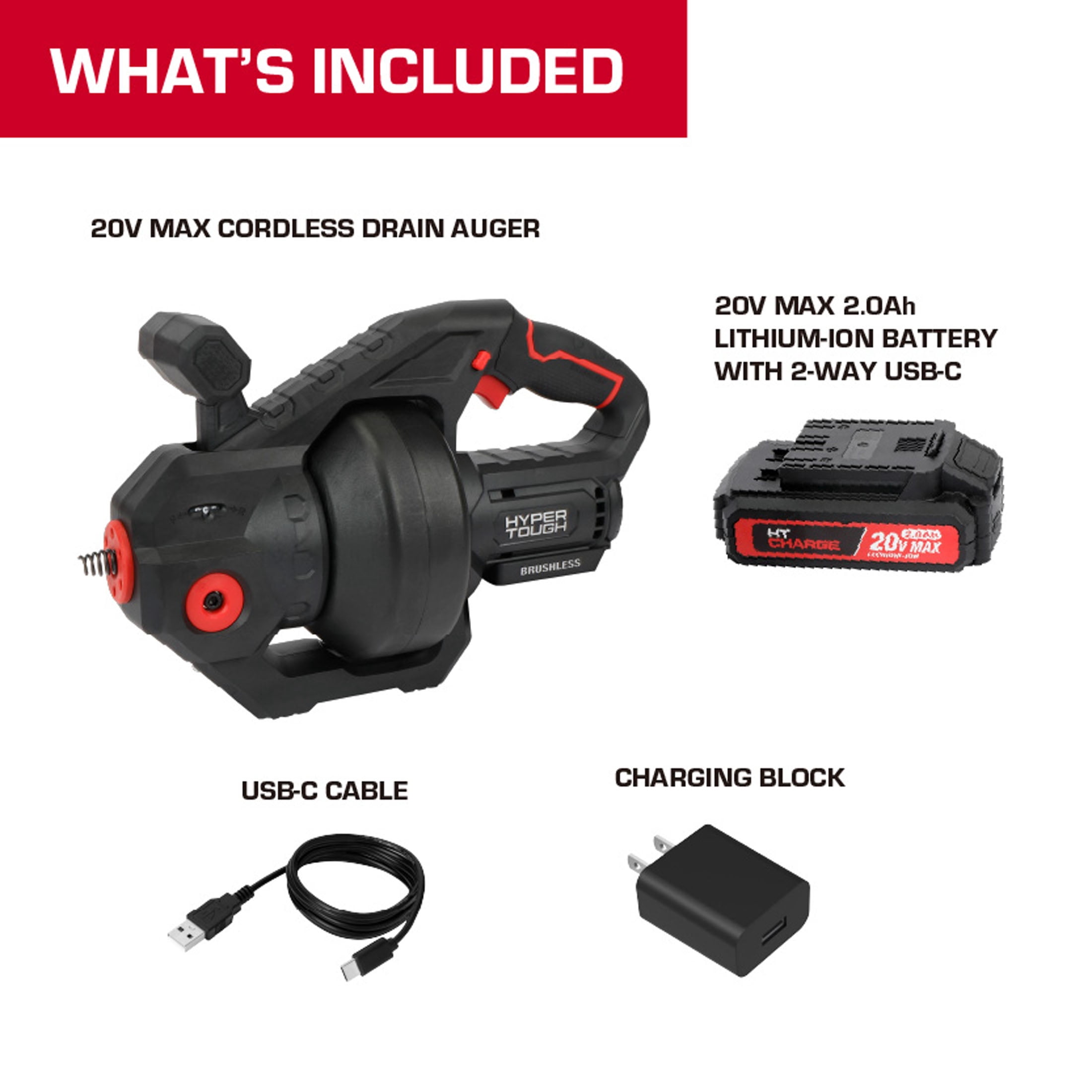 Hyper Tough 20V Max Cordless Brushless Drain Auger with 2.0Ah Battery