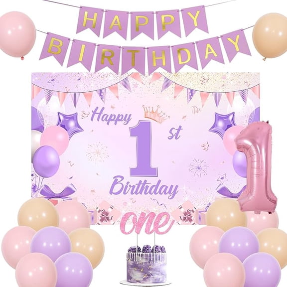 Pink and Purple 1st Birthday Decorations for Girl, Pink and Purple Happy 1st Birthday Backdrop Banner, One Cake Topper, Number 1 Balloon, Pink and Purple First Birthday Party Supplies