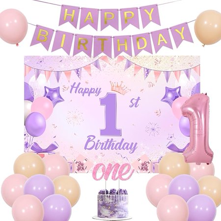 Pink and Purple 1st Birthday Decorations for Girl Pink and Purple Happy 1st Birthday Backdrop Banner One Cake Topper Number 1 Balloon Pink and Purple First Birthday Party Supplies