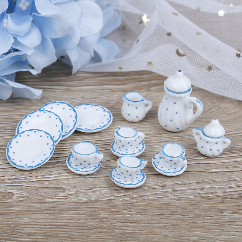 15Pcs 1:12 Dollhouse miniature blue dot tableware porcelain coffee tea cups  QW 