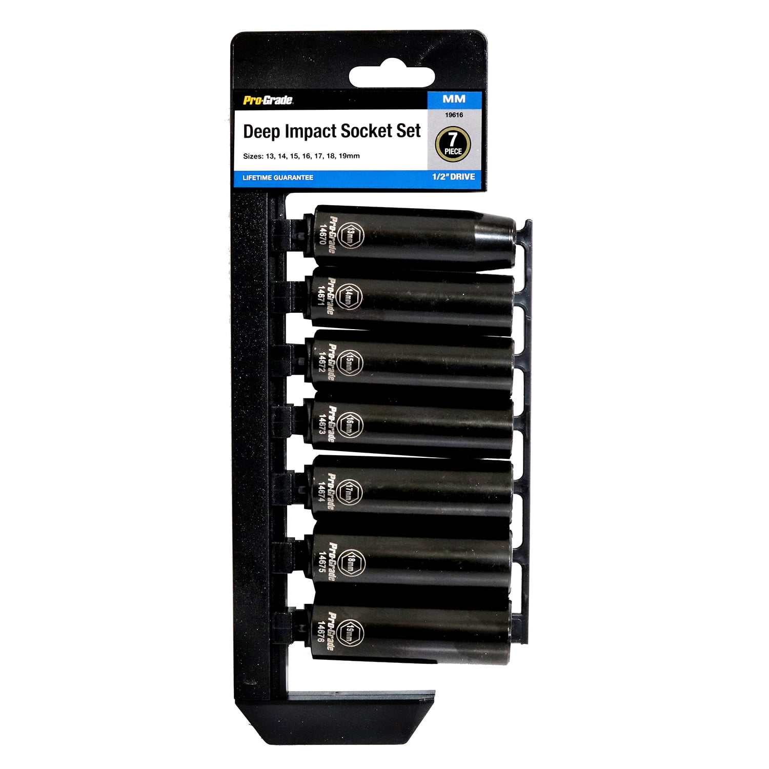Pro-Grade 7pc 1/2" Deep Metric Impact Socket Set w/ Rail, Chrome Vanadium, Nickel Chrome, 19616