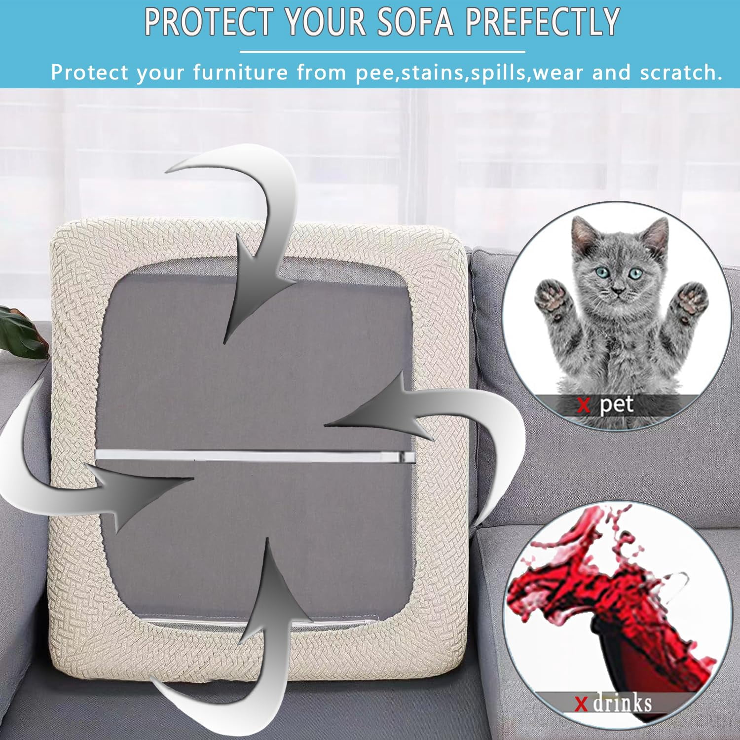 Outdoor Waterproof Couch Cushion Covers, Stretch Individual Patio Chair Cushion Outdoor Seat Cushion Pad