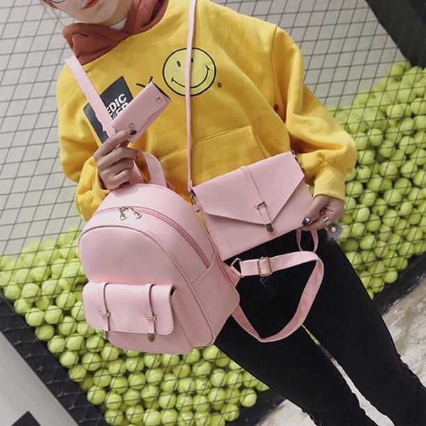 3pcs women pu leather backpack Omni Stylish 3pcs Women PU Leather Backpack School Bag Shoulder Bag Card  Holder(Pink)