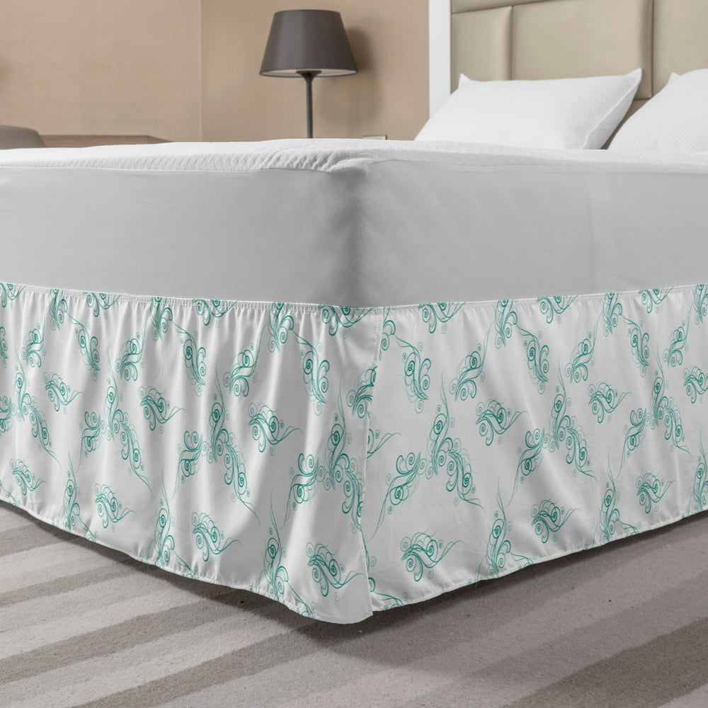Turquoise Bed Skirt, Swirling Flowers Branches Fresh Botanical Curvy
