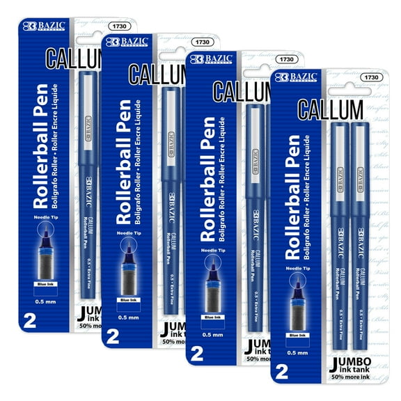 BAZIC Callum 0.5mm Rollerball Pen, Blue Ink Needle Tip Fine Point Ink Pens (2/Pack), 4-Packs