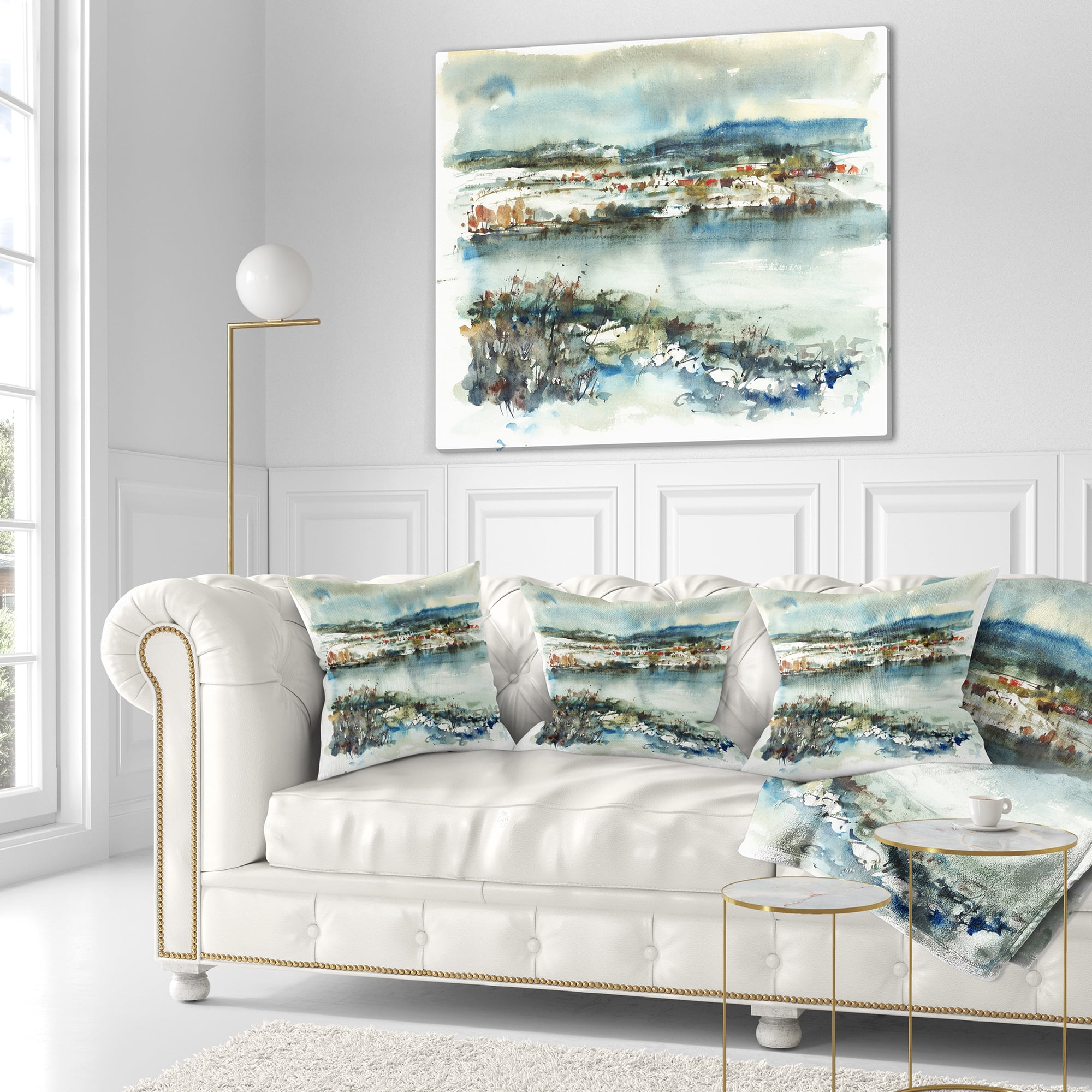 Designart Blue Winter Lake Watercolor - Landscape Painting Throw Pillow - 16x16