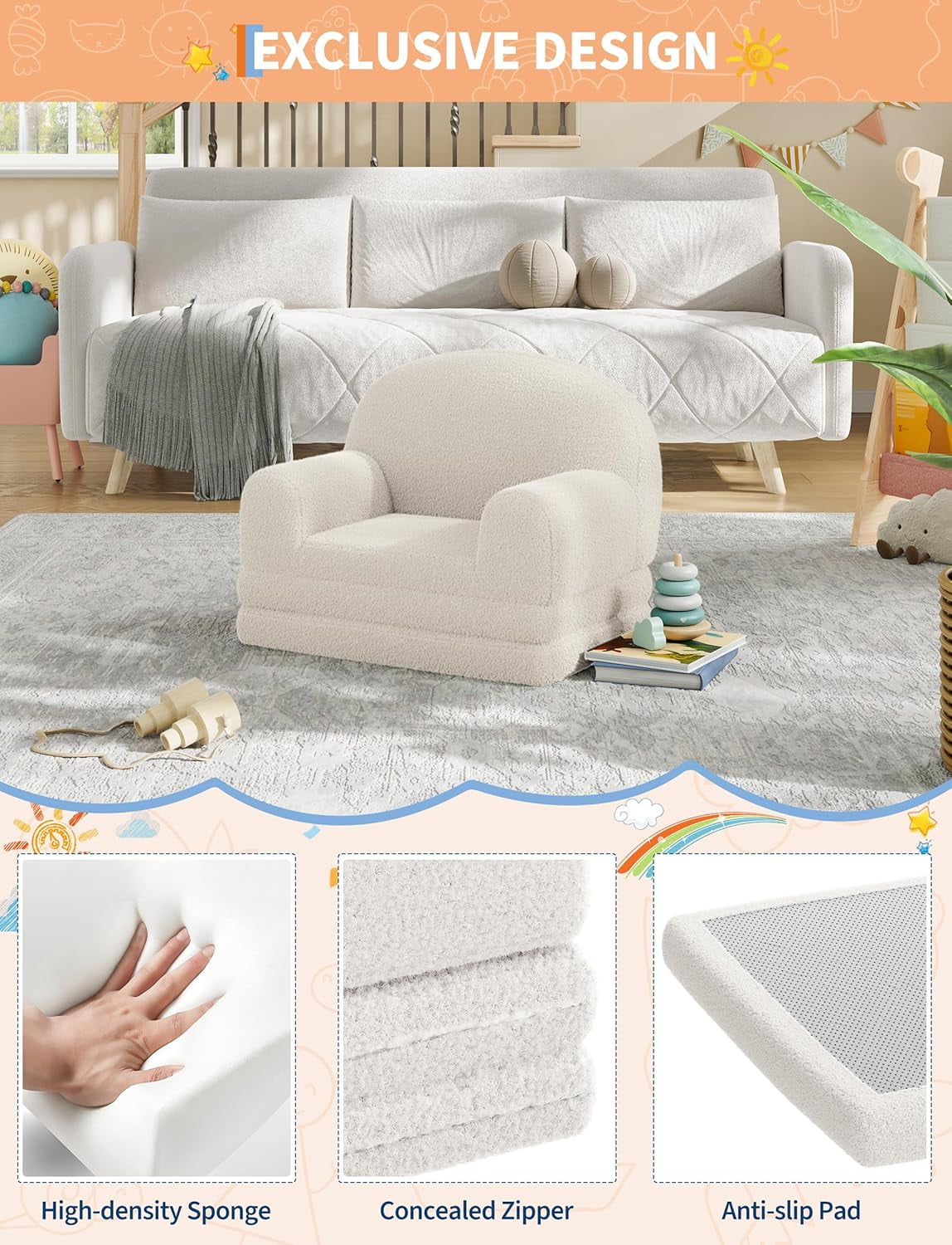 Kids Couch, 2-in-1 Convertible Teddy Fleece Fabric Toddler Sofa Chair, Soft Fold Out Couch Lounger for Kids, Comfy Children's Sofa Bed for Playroom, Nursery, Birthday Gift (White Moon)