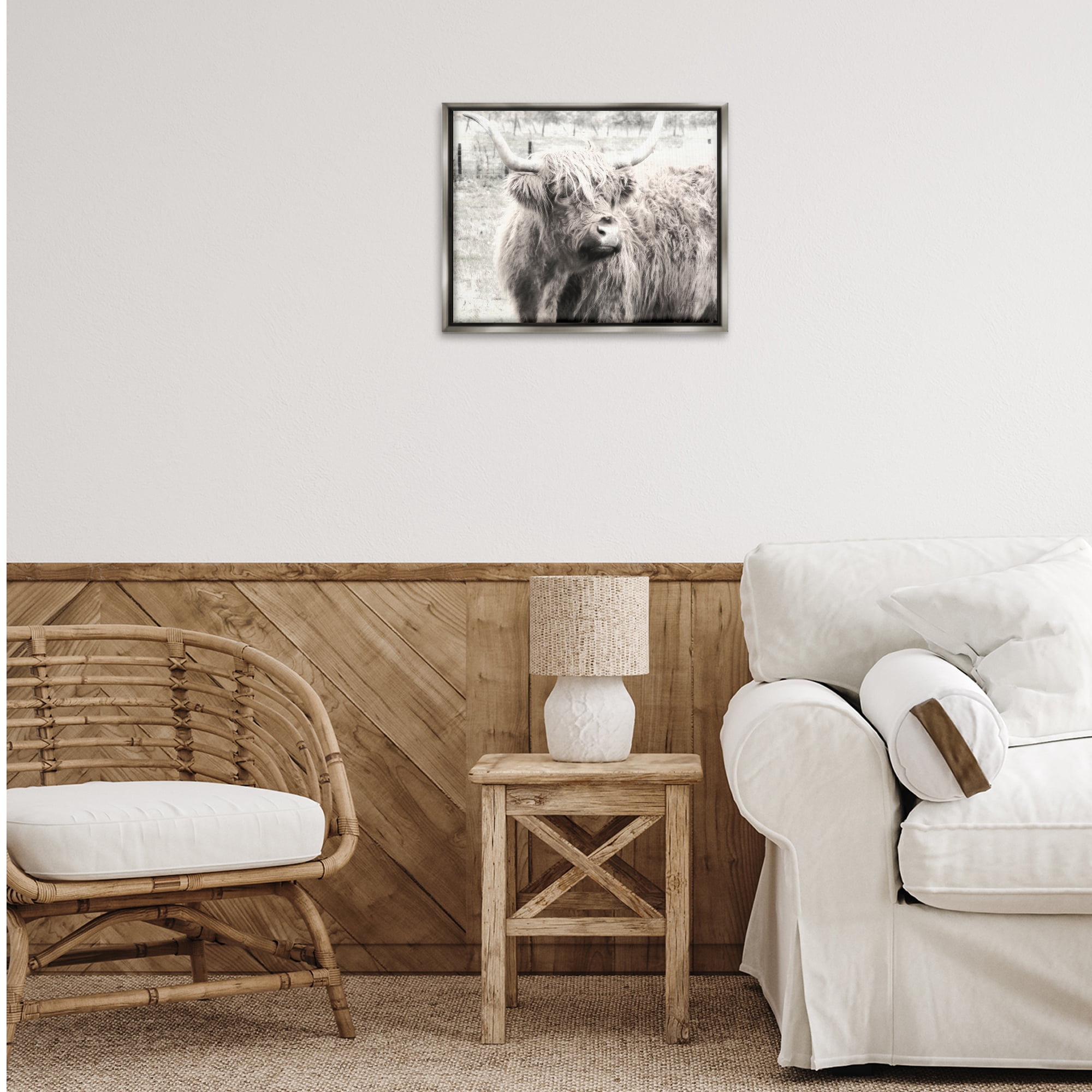 Stupell Industries Highland Cow Gazing Portrait Animals Photography Gray Floater Framed Canvas Art Print Wall Art, 21 x 17