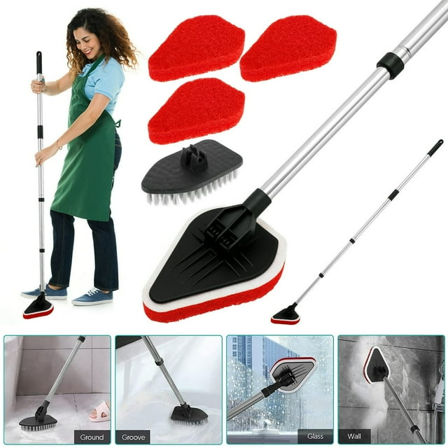 Scrub Cleaning Brush Set, 2 in 1 Shower Cleaning Brush with Long Handle Extendable Multifunctional Triangle Cleaning Brush with Long Handle for Bathroom Bathtub Kitchen