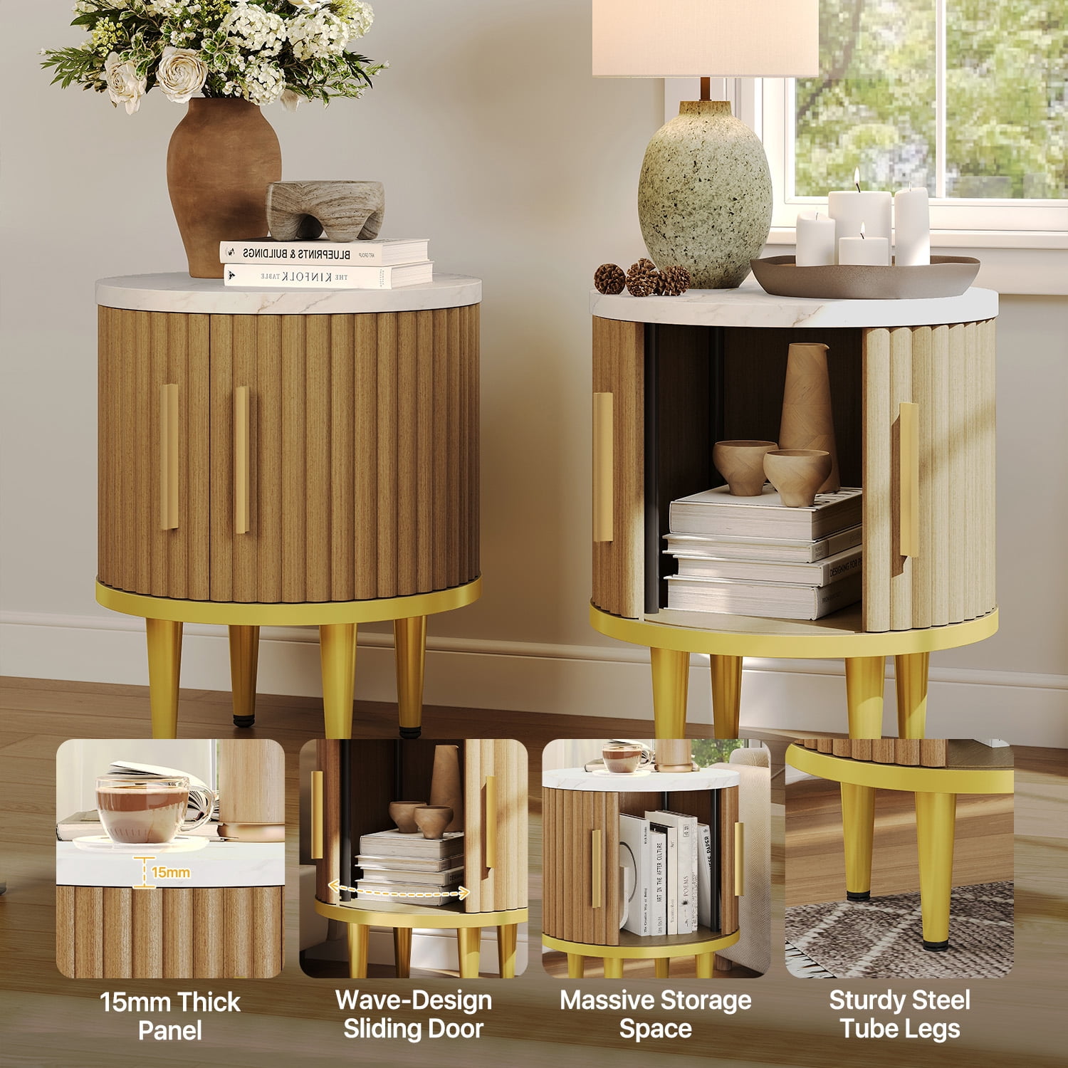 Sonegra Fluted Nightstand Set of 2, Modern Side Table with Faux Marble Top and Metal Handle, Boho Bedside End Table with Sliding Door and Curved Corners for Bedroom,Living Room, Natural Oak