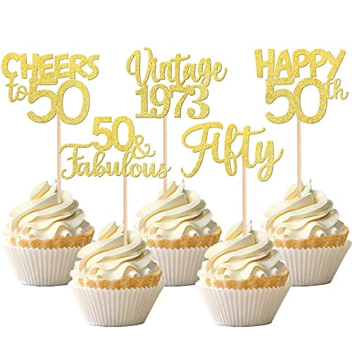 30PCS Vintage 1973 Cupcake Toppers Glitter Fifty Happy 50th Birthday 50 ...