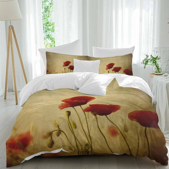 Red Poppy Flowers Queen Size Comforter Set, Floral Retro Countryside Vintage Bedding for All Seasons, 4 Pcs Bed Set, 1Quiltcover (90"x92") ,1Sheet(94"x116"), 2Pillowcases (30"x20")