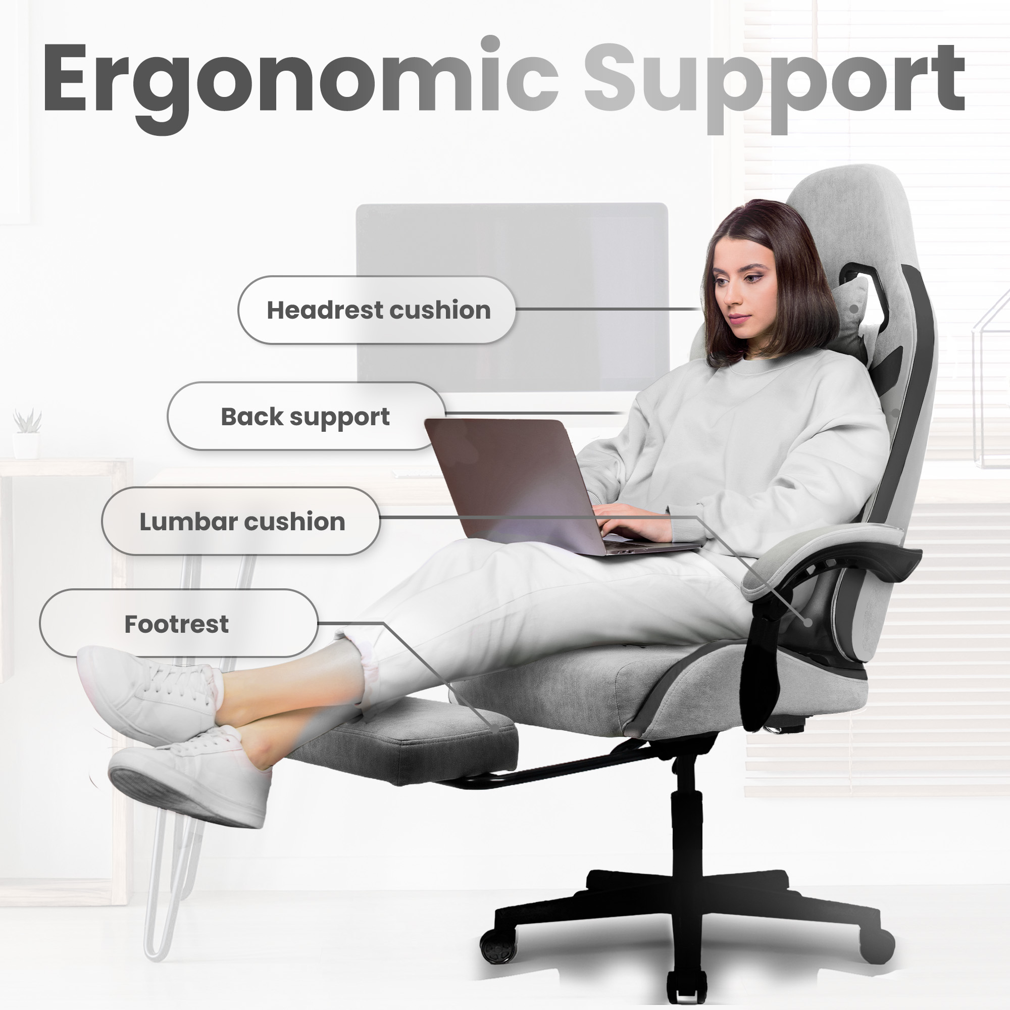 CELTOSS Adult Fabric Gaming Chair with Footrest and Lumbar Pillow, Gray