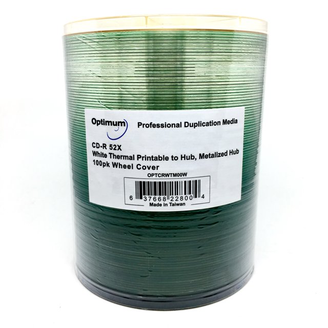 OPTIMUM CD-R80MIN/700MB 52X White Thermal Printable to Hub, Metalized Hub Surface 100pcs Bulk Clear Wrapped
