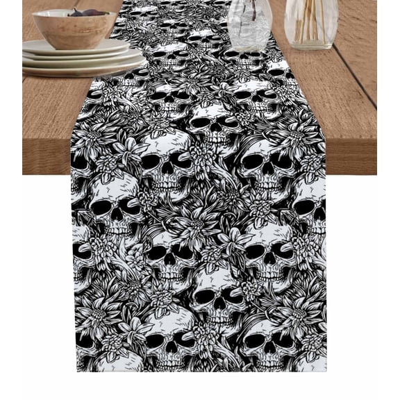 ERUNPONLY Halloween Table Runner - 72 Inch Long Black Grey Skull Skeletons Flowers Cotton and Linen Blended Dress Scarves Farmhouse Table Runner for Kitchen Dining, Coffee Table, 14"x72"