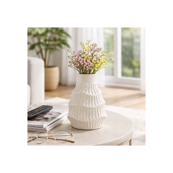 Wavy Sculpted Vase for Living Room Decor - Ceramic Flower Vase for Home, Dining Room, and Bedroom Decor - Modern Stoneware Accent for House Centerpiece and Office Table Styling - 8", White