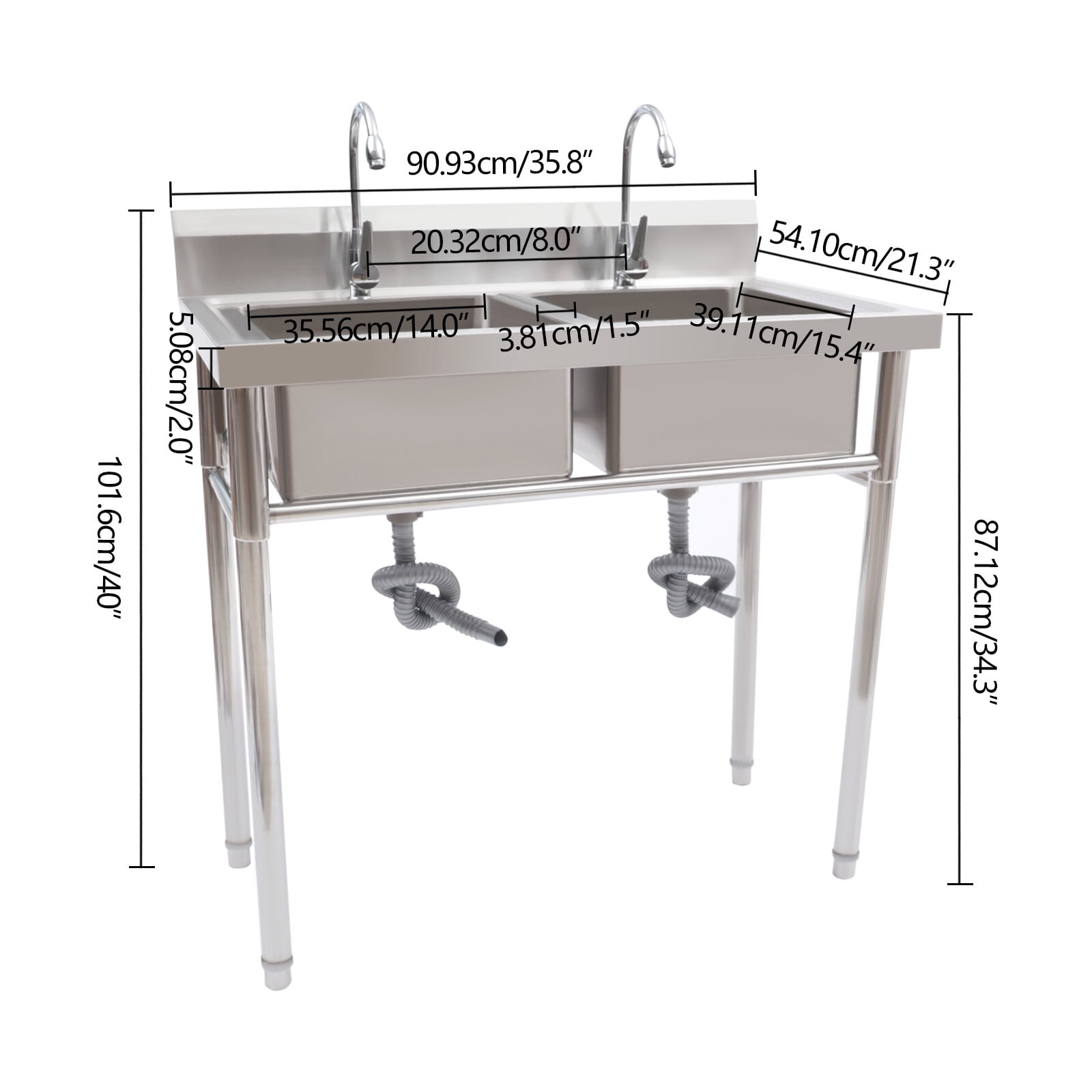 Stainless Steel Sink 2 Compartment Free Standing Utility Sink, Double Bowl Kitchen Sinks with 2 Rotary Faucets, Commercial Prep Sinks for Garage, Restaurant, 39.4" W x 23.6" D x 40" H
