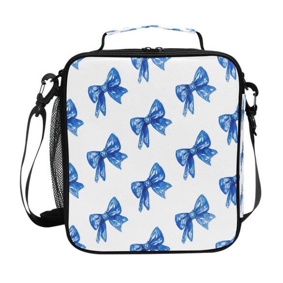 Insulated Square Lunch Bag with Side Mesh Pocket Fashion Lunch Box Reusable Lunch Tote 10.5" x9.5" x3.5" Blue Bows Pattern