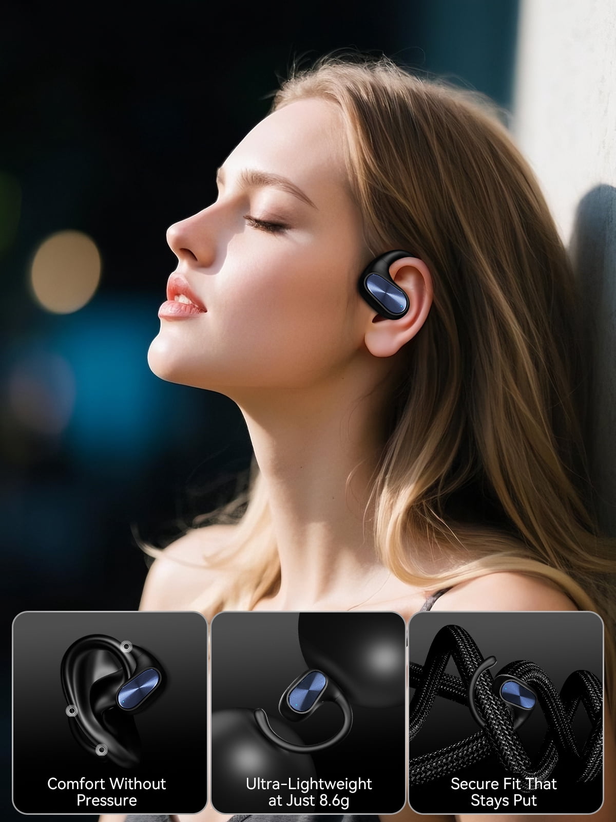 Voistek OBT-020 Wireless Open-Ear Earbuds for Running, Gym, Hiking, Commute | 8H Playtime, Auto Pairing, Bluetooth 5.3, IP57 Sweatproof, Secure Ear Hook - Black