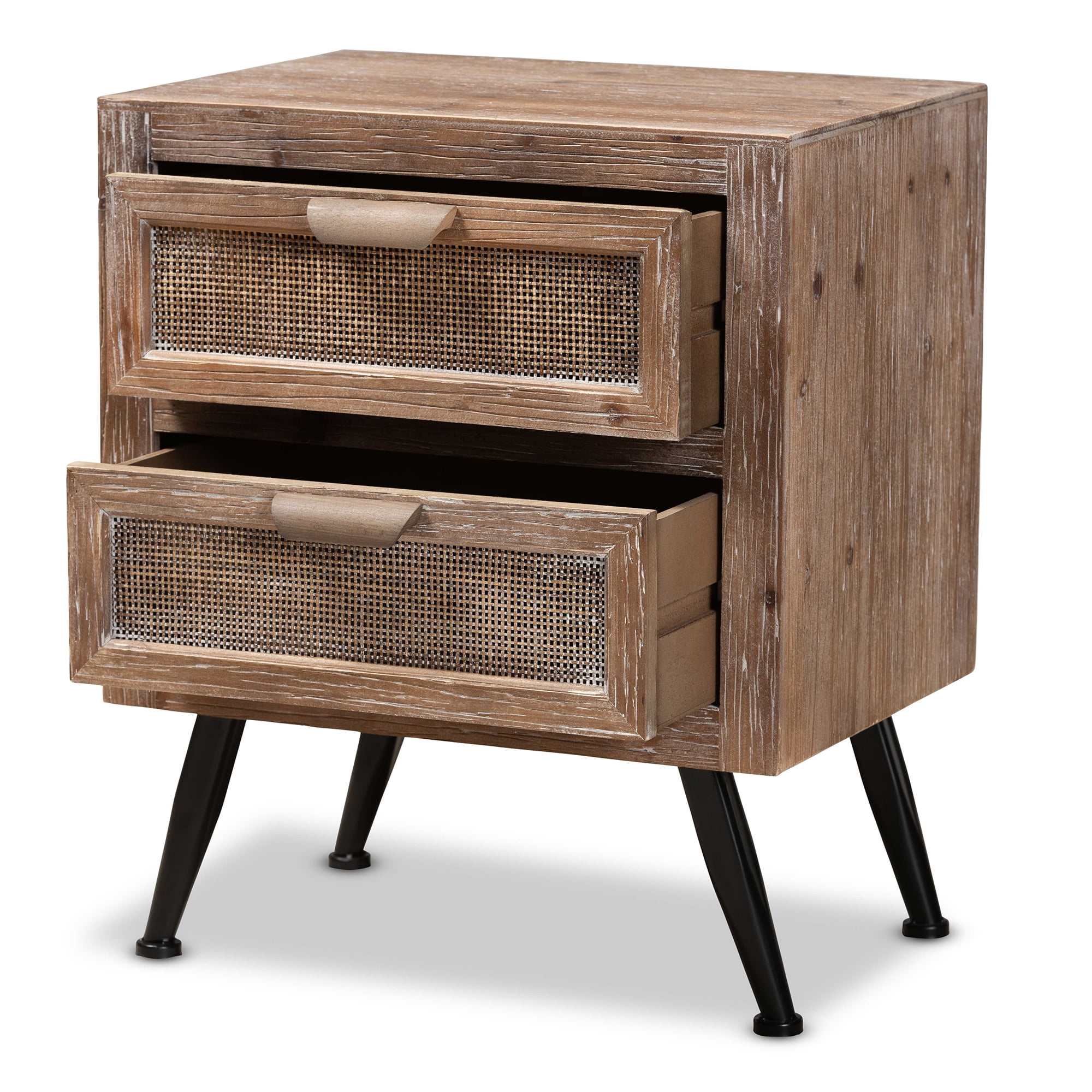 Baxton Studio Calida Mid-Century Modern Whitewashed Natural Brown Finished Wood and Rattan 2-Drawer End Table