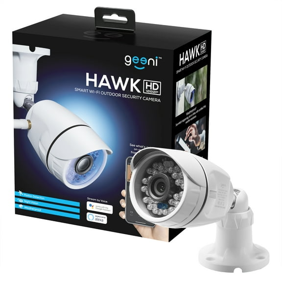 Geeni Hawk 1080p HD Outdoor Smart WiFi Security Camera with Night Vision, Motion Alerts and IP66 Weatherproof, Compatible with Alexa, Google Assistant, White…