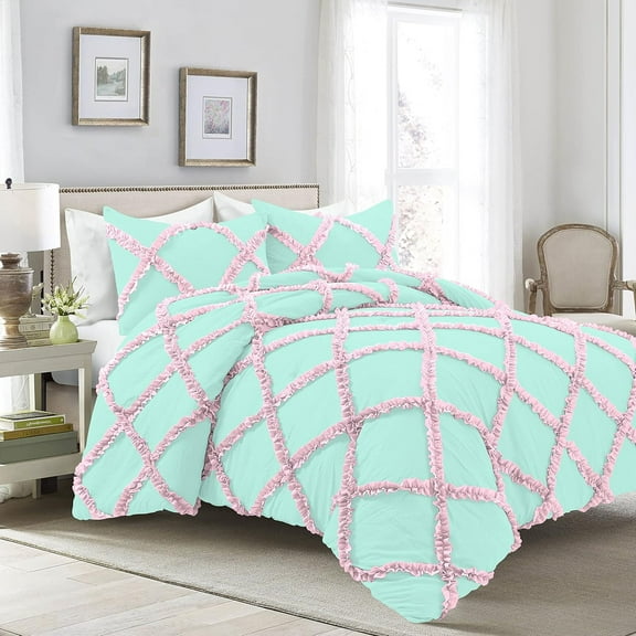 D.N.G. BEDDINGS 3 Piece Luxury Two Tone Diamond Ruffle Pattern Comforter Set Premium Super Soft, All Season 800 Thread Count, 100% Egyptian Cotton, Super King Size Aqua Blue-Light Pink Color
