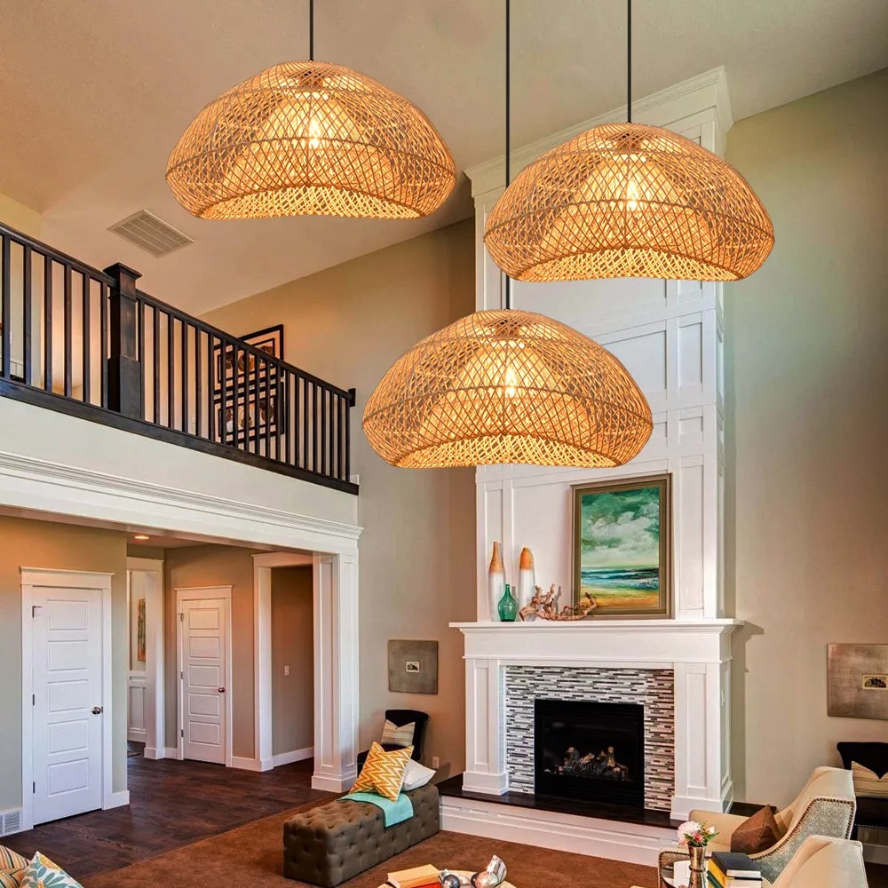LittleGlovo Handmade Wabi-Sabi Rattan Woven Dining Room Pendant Lamp Wicker Light Fixture