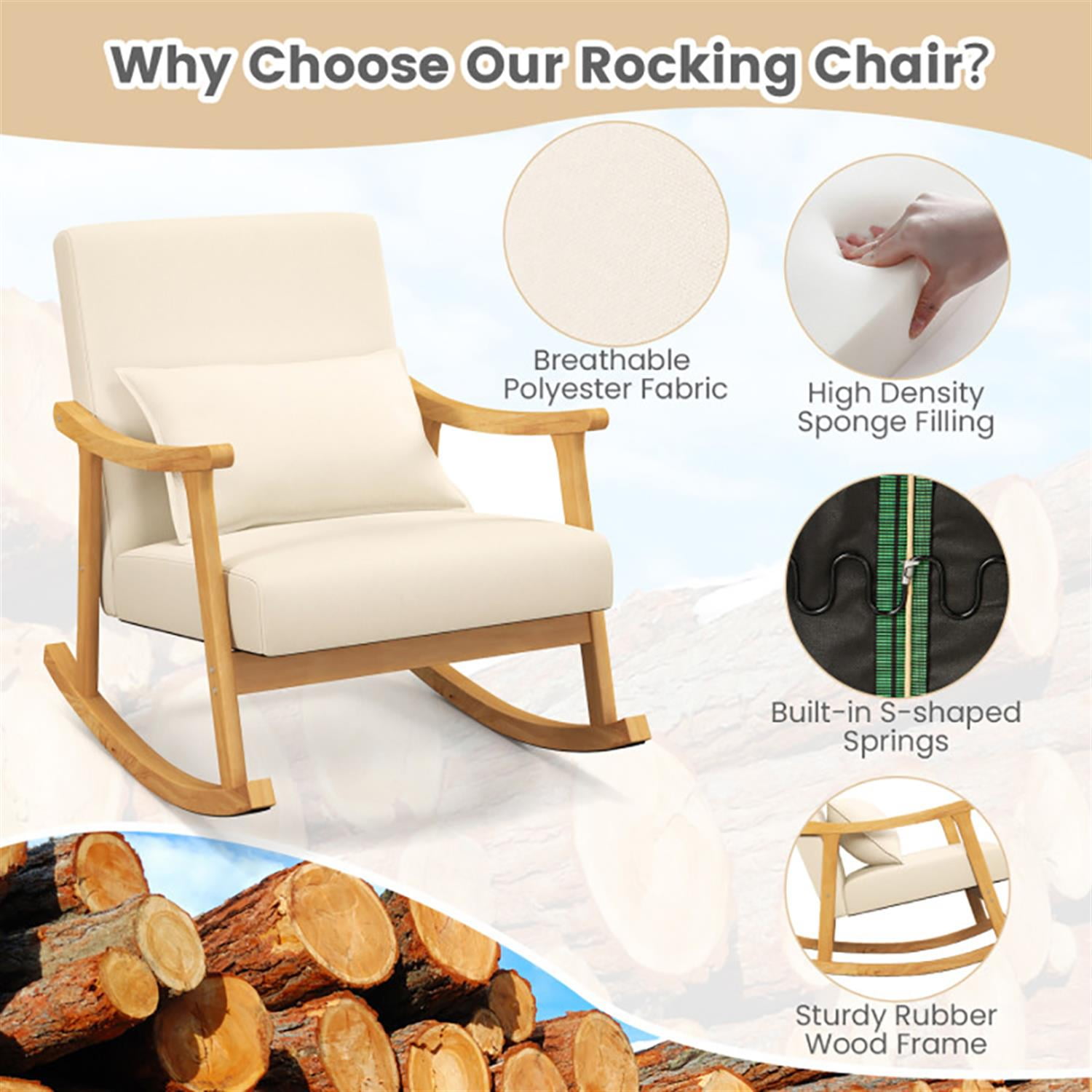 Demi Bonn Upholstered Rocking Chair, Accent Chair with Pillow and Rubber Wood Frame, Suitable for Home, Living Room and Bedroom, Beige