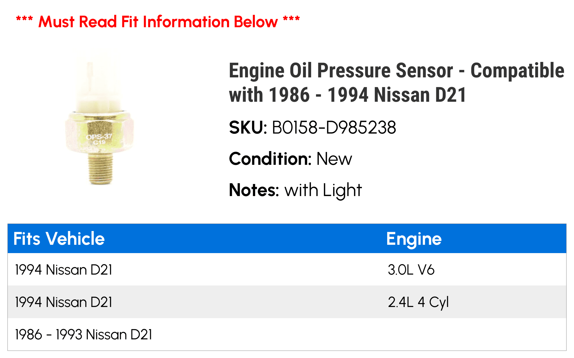Engine Oil Pressure Sensor - Compatible with 1986 - 1994 Nissan D21 1987 1988 1989 1990 1991 1992 1993