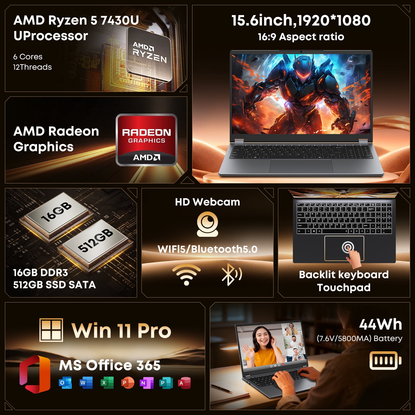 Hyperstrix 15.6" Touchscreen Gaming Laptop,AMD Ryzen 5 7430U Processor( UP to 4.3GHz,Beat intel Core i7-1355U),360° Foldable 2 in 1 NoteBook Computer,Windows 11 Pro,16GB RAM 512GB SSD,IPS Display